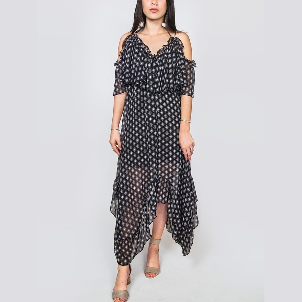 MISA Los Angeles Desi High Low Ruffle Maxi Dress